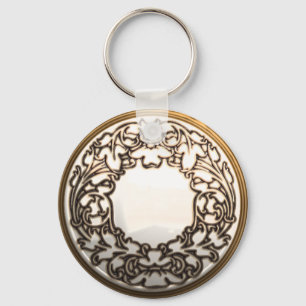 White and gold filigree glass sewing button  keychain