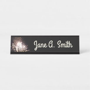 White and Gold Fireworks I Patriotic Celebration Desk Name Plate