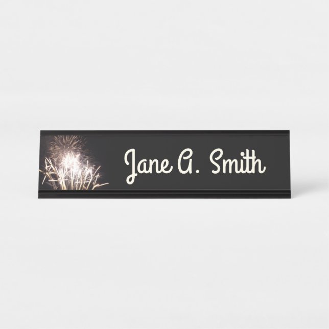 White and Gold Fireworks I Patriotic Celebration Desk Name Plate (Front)