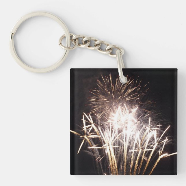 White and Gold Fireworks I Patriotic Celebration Keychain (Front)