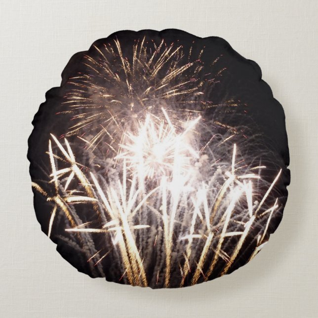White and Gold Fireworks I Patriotic Celebration Round Pillow (Front)