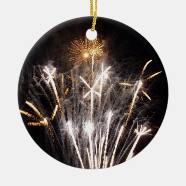 White and Gold Fireworks II Patriotic Celebration Ceramic Ornament (Front)