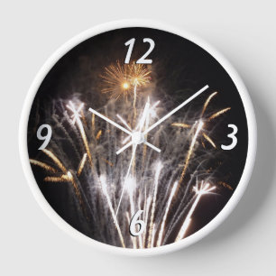 White and Gold Fireworks II Patriotic Celebration Clock