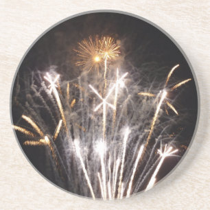 White and Gold Fireworks II Patriotic Celebration Coaster