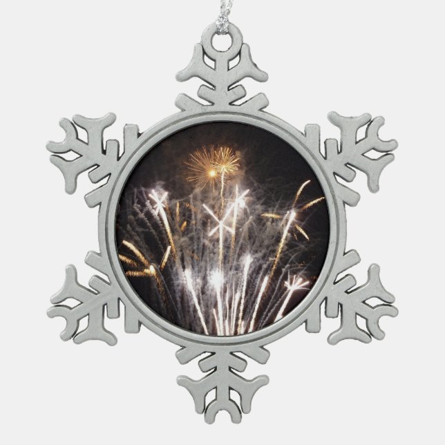 White and Gold Fireworks II Patriotic Celebration Snowflake Pewter Christmas Ornament (Front)