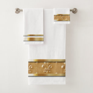 White and Gold Fleur de Lis Elegant Bath Towel Set