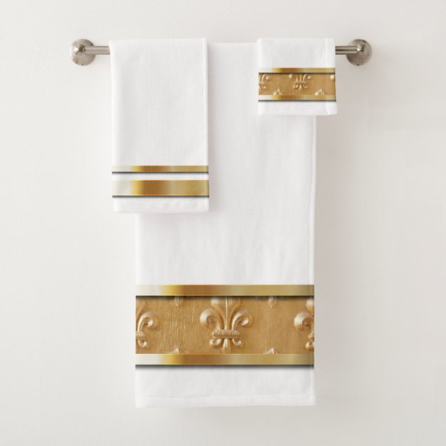 White and Gold Fleur de Lis Elegant Bath Towel Set (Insitu)