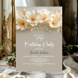 White and Gold Floral 75th Birthday Party Invitation