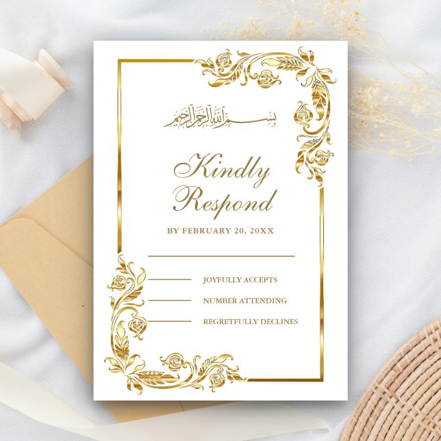 White and Gold Floral Border Islamic RSVP Card (Creator Uploaded)