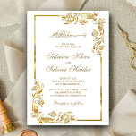 White and Gold Floral Border Islamic Wedding Invitation<br><div class="desc">Invite your guests with this elegant wedding invitation featuring a beautiful faux gold flourish design and 'Bismillah' in Arabic calligraphy. Simply add your event details on this easy-to-use template to make it a one-of-a-kind invitation. Flip the card over to reveal a faux gold foil texture on the back of the...</div>
