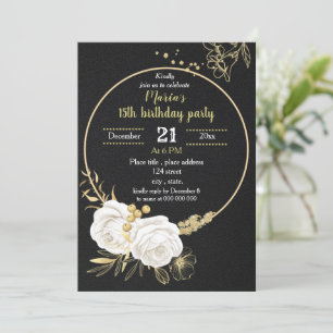 white and gold floral circle black birthday party invitation