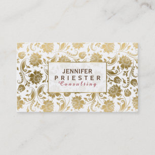 White And Gold Floral Damasks Business Card