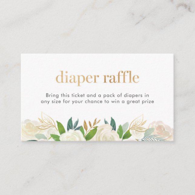 White and gold floral Diaper Raffle ticket Enclosure Card (Front)