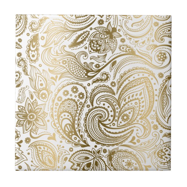 White And Gold Floral Lace Paisley 3 Tile (Front)