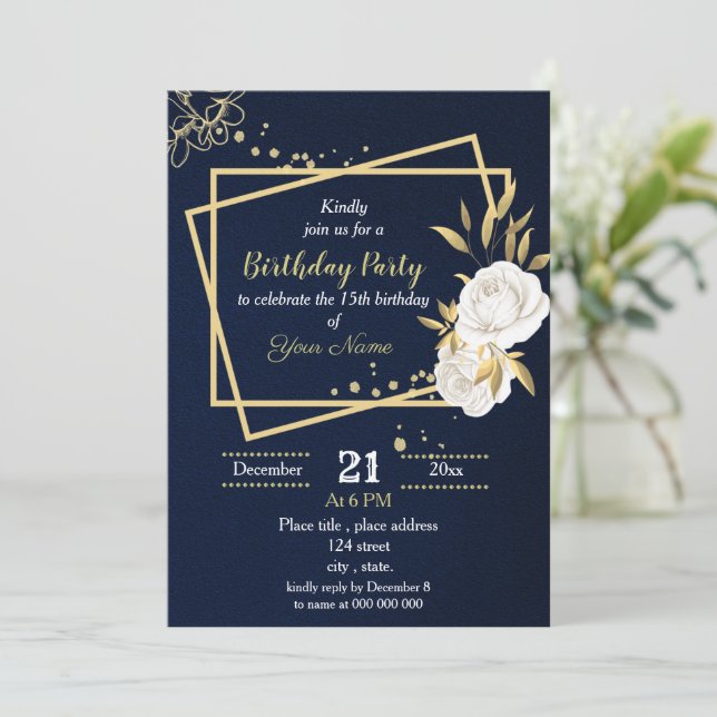 white and gold floral  navy blue birthday party invitation (Standing Front)