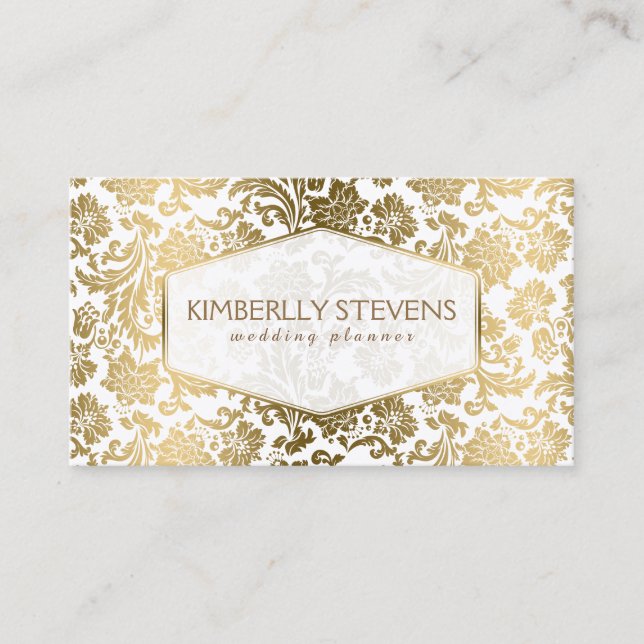 White And Gold Floral Ornate Damasks 4 Business Card (Front)