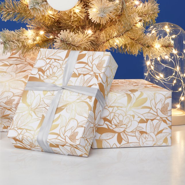 White and gold floral pattern wrapping paper (Holidays)