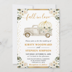 White and Gold Floral Pumpkin Truck Fall Wedding Invitation