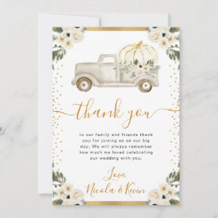 White and Gold Floral Pumpkin Truck Fall Wedding Thank You Card