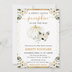 White and Gold Floral Pumpkins Fall Baby Shower Invitation