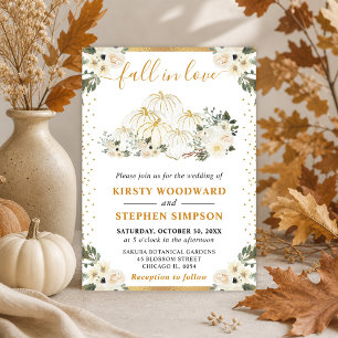 White and Gold Floral Pumpkins Fall Wedding Invitation