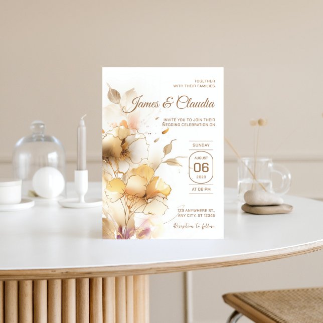 White and Gold Floral Rustic Modern Wedding Golden Invitation (Golden floral chic wedding Invitation)