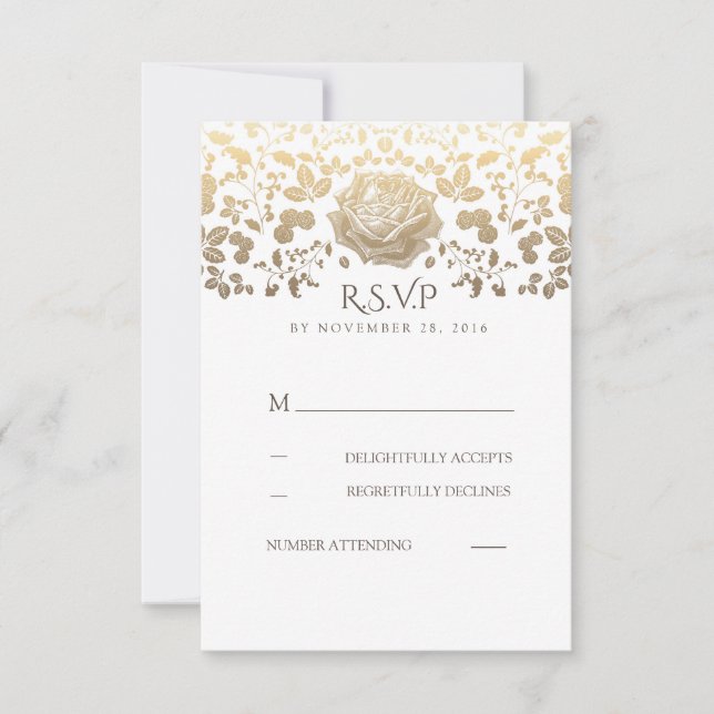 White and Gold Floral Vintage Wedding RSVP (Front)