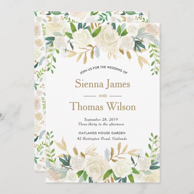 White and gold floral Wedding invitation (Front/Back)