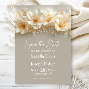 White and Gold Floral Wedding Save the Date Invitation