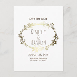 White and Gold Floral Wreath Save the Date Announcement Postcard