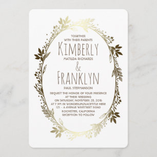 White and Gold Floral Wreath Wedding Invitation