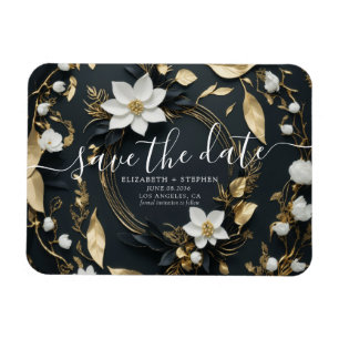 White and Gold Floral Wreath Wedding Save The Date Magnet