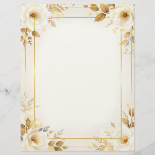 White and Gold Flowers and Double Frame Stationery