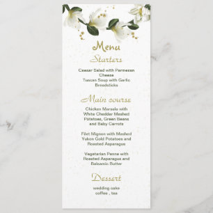 white and gold flowers greenery wedding menu