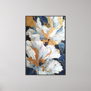 White and Gold Flowers on Dark Blue Background Canvas Print