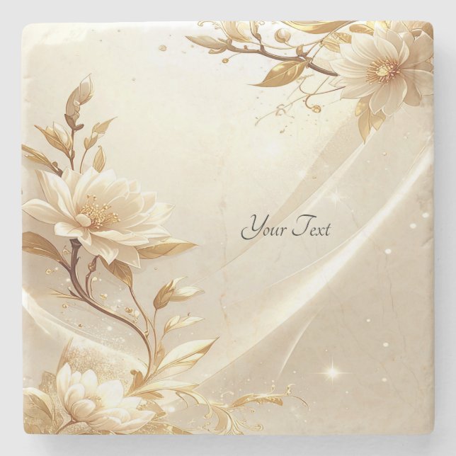 White and Gold Flowers Stone Coaster (Front)