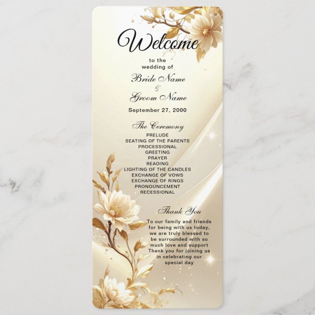 White and Gold Flowers Wedding  Program (Front)