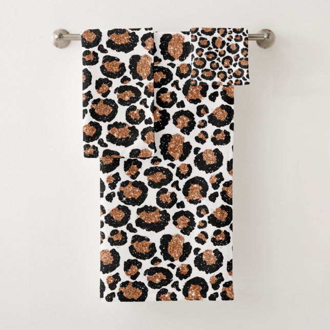 White and Gold Foil Cheetah - Leopard Pattern Bath Towel Set (Insitu)