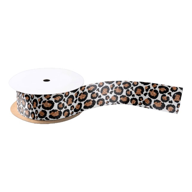 White and Gold Foil Cheetah - Leopard Pattern Satin Ribbon (Spool)