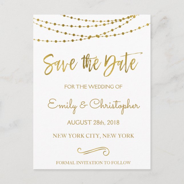 White and Gold Foil Save the Date Announcement Postcard (Front)