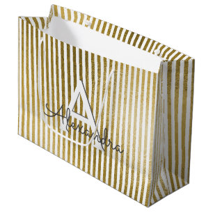 White and Gold Foil Striped Monogram & Initial Large Gift Bag