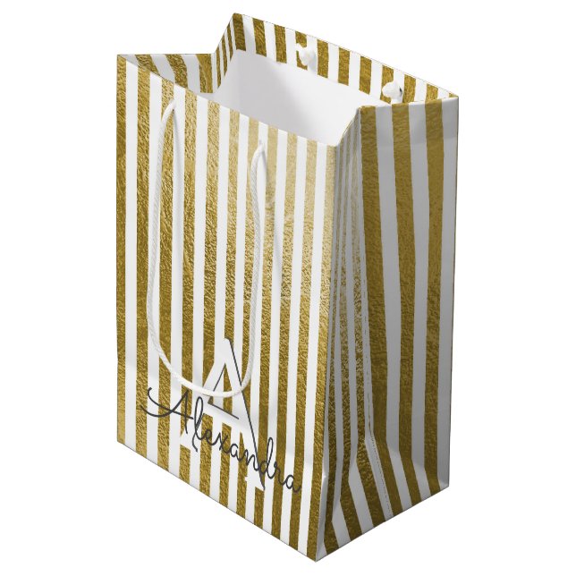 White and Gold Foil Striped Monogram & Initial Medium Gift Bag (Front Angled)