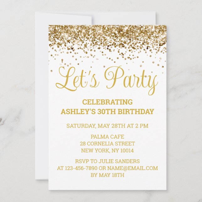 White and Gold Glitter 30th Birthday Let's Party Invitation (Front)