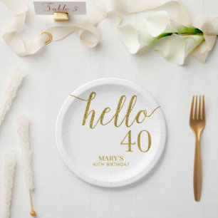 White and Gold Glitter 40th Birthday Paper Plate