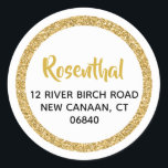 White and Gold Glitter Address Classic Round Sticker<br><div class="desc">This trendy sticker features sparkling faux glitter layered against a solid colour background. Use the template form to add your own information. The "Customize" feature can be used to change the font style,  colour and layout.</div>