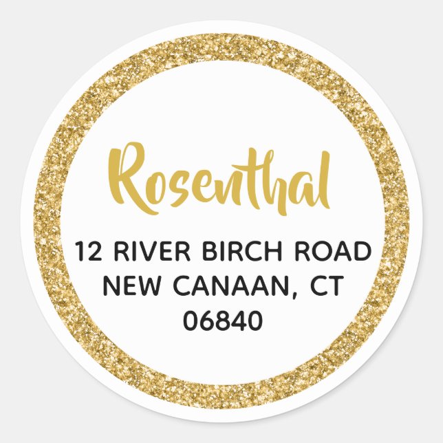 White and Gold Glitter Address Classic Round Sticker (Front)