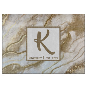 White and gold glitter agate monogram name year  cutting board
