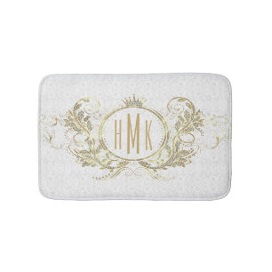 White And Gold Glitter Girly Floral Frame Bath Mat