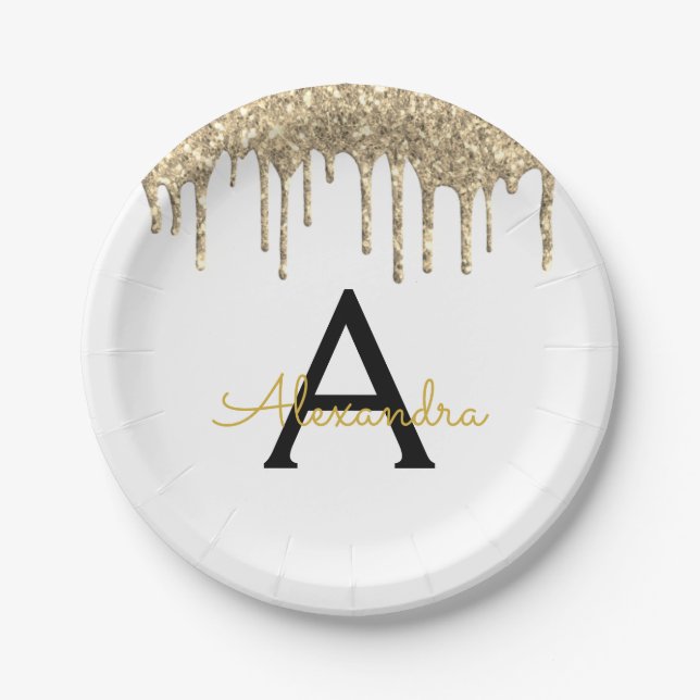 White and Gold Glitter Monogram Birthday Paper Plate (Front)