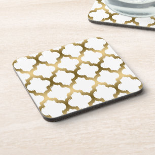 White And Gold Ikat Quatrefoil Pattern Coaster